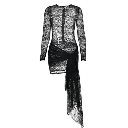 Lace Long Sleeve Draped Sash Ruched Mini Dress