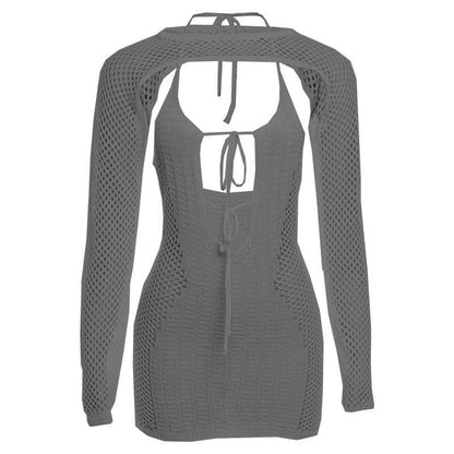 Fishnet Mesh Long Sleeve Shrug Halter Keyhole Mini Dress Set