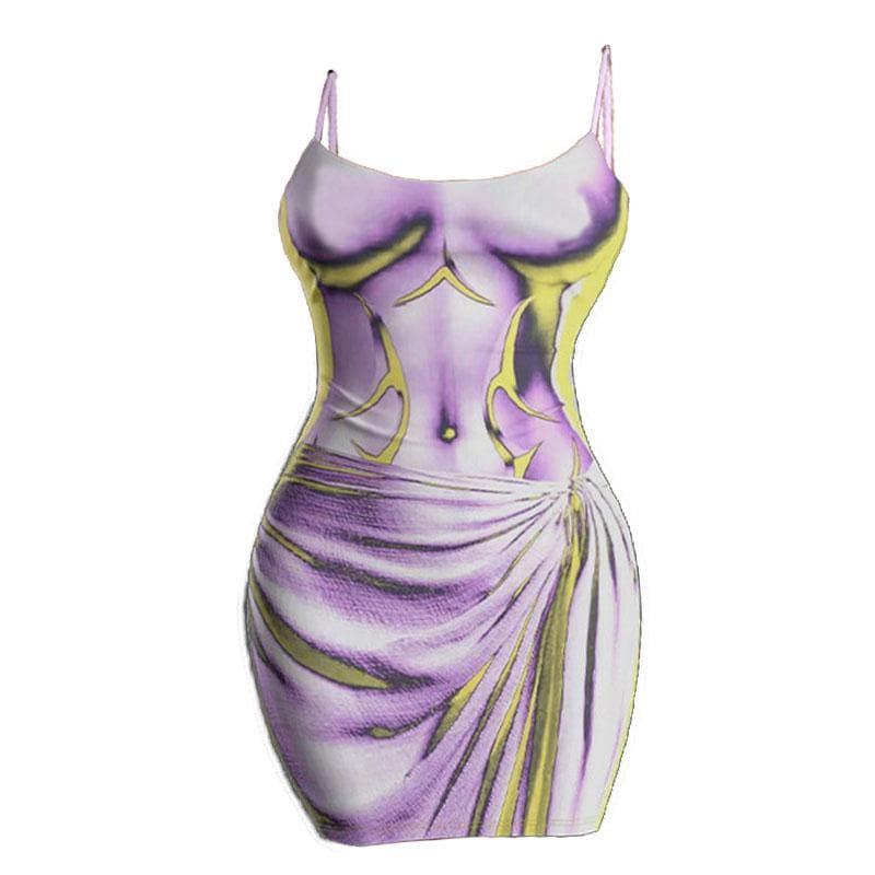 Square Neck Spaghetti Strap Thermal Silhouette Graphic Cami Mini Dress