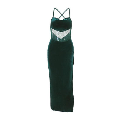 Velvet Spaghetti Strap Square Neck Lace Waist Insert Side Slit Midi Dress