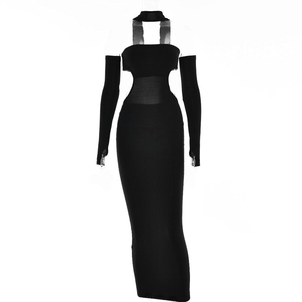 Halter Choker Waist Cutout Mesh Panel Thumbhole Sleeve Maxi Dress Set