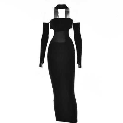 Halter Choker Waist Cutout Mesh Panel Thumbhole Sleeve Maxi Dress Set