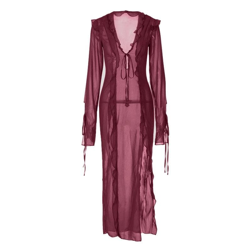 Sheer Chiffon Ruffle Trim Tie Front V-Neck Long Sleeve High Slit Maxi Dress