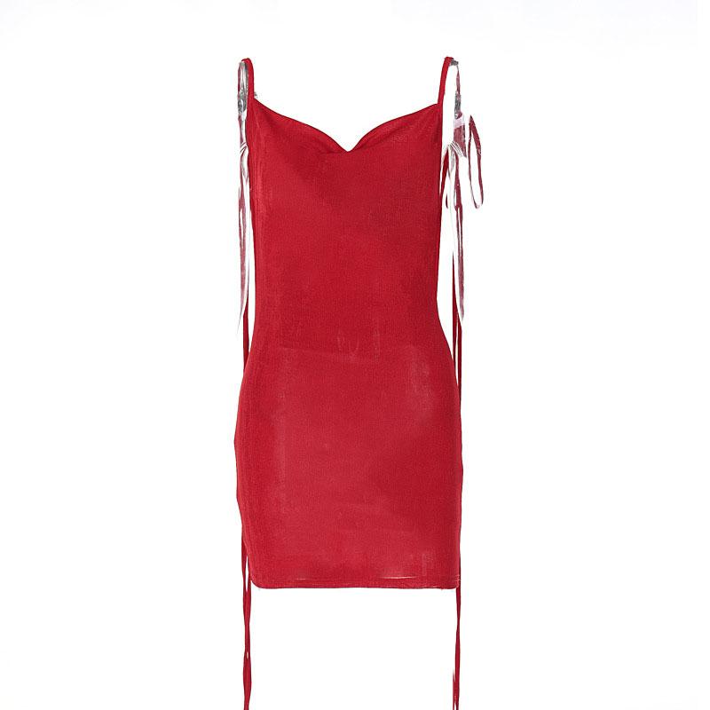 Cowl Neck Velvet Ribbon Tie Shoulder Bodycon Mini Dress
