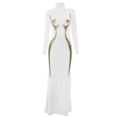 Mock Neck Long Sleeve Body Silhouette Graphic Mermaid Maxi Dress