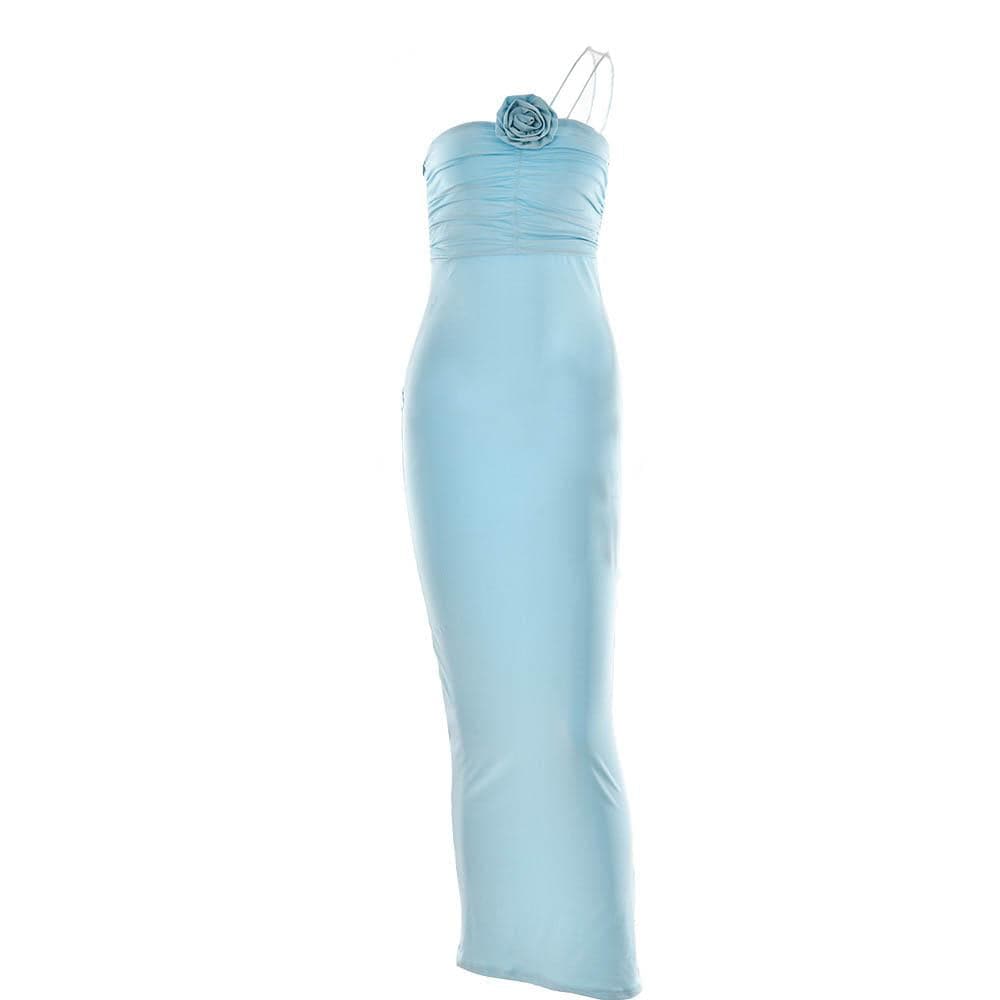 One Shoulder Flower Applique Ruched Zip Maxi Dress