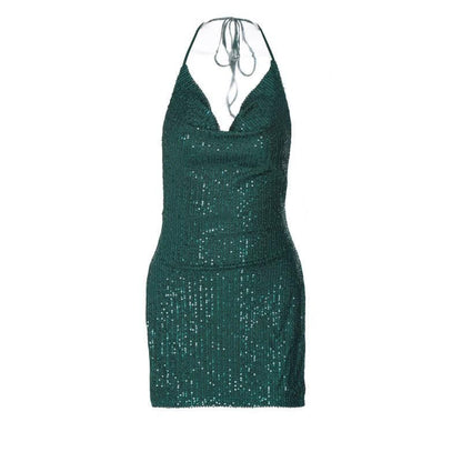Sequin Cowl Neck Halter Open Side Slit Mini Dress