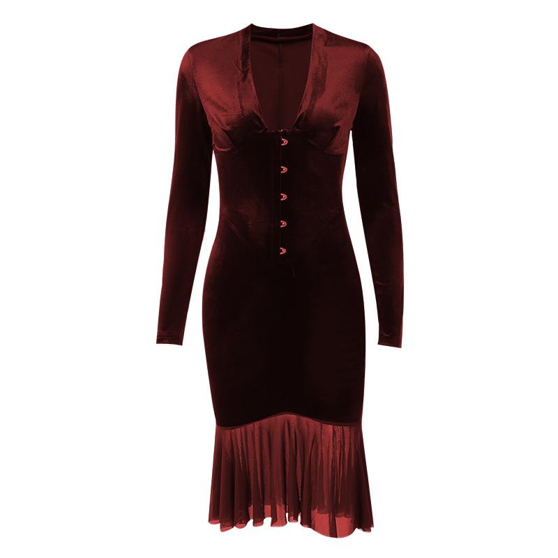 Velvet Hook And Eye Corset Ruffle Hem Long Sleeve Midi Dress
