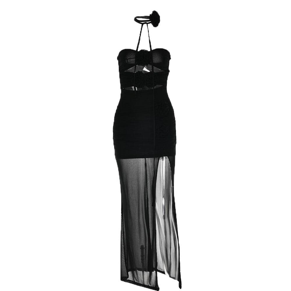 Flower Applique Cutout Ruched High Slit Midi Dress Set