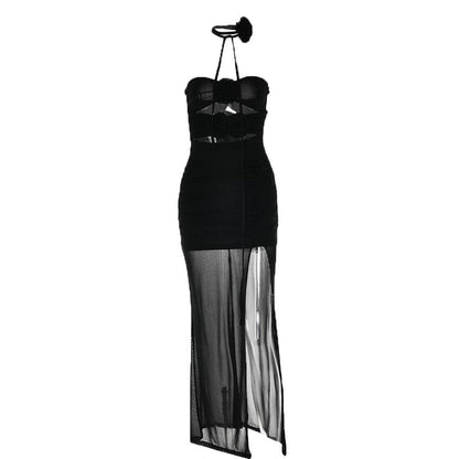 Flower Applique Cutout Ruched High Slit Midi Dress Set