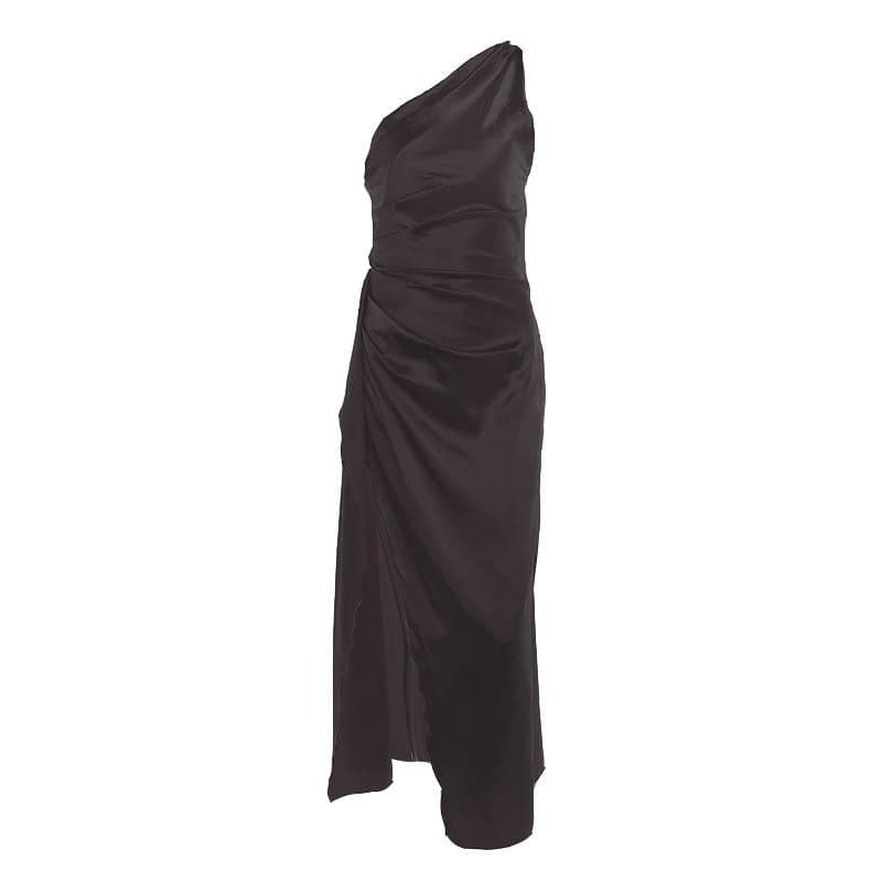 One Shoulder Satin Ruched Drape High Slit Maxi Dress