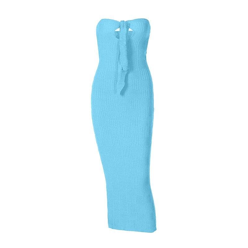 Strapless Sweetheart Basketweave Knit Keyhole Tie Front Column Midi Dress