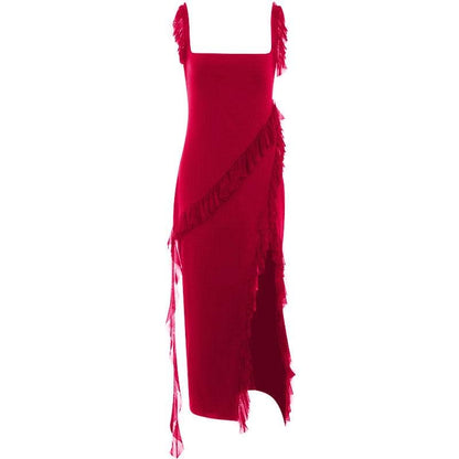 Square Neck Ruffle Strap Ruched High Slit Asymmetrical Ruffle Trim Maxi Dress