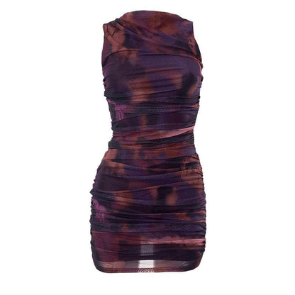 Crewneck Sleeveless Ruched Abstract Tie Dye Mesh Mini Dress