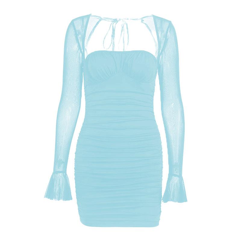 Square Neck Sweetheart Bust Ruched Mesh Bell Sleeve Mini Dress