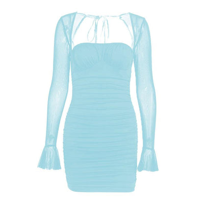 Square Neck Sweetheart Bust Ruched Mesh Bell Sleeve Mini Dress