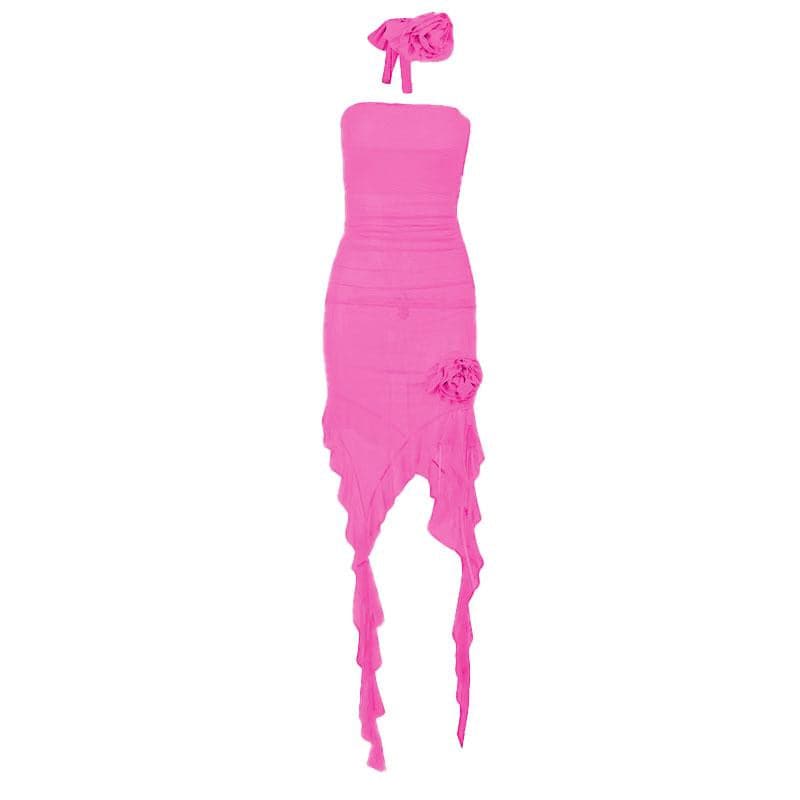 Strapless Sheer Mesh Flower Applique Ruffle Midi Dress