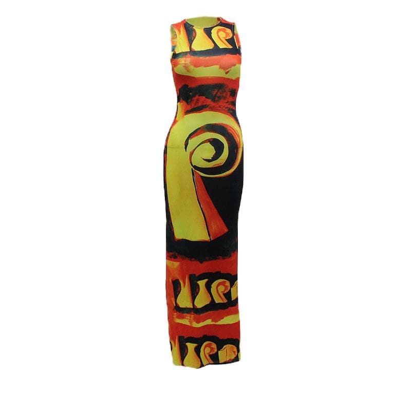 Abstract Spiral Print Crew Neck Tank Bodycon Maxi Dress