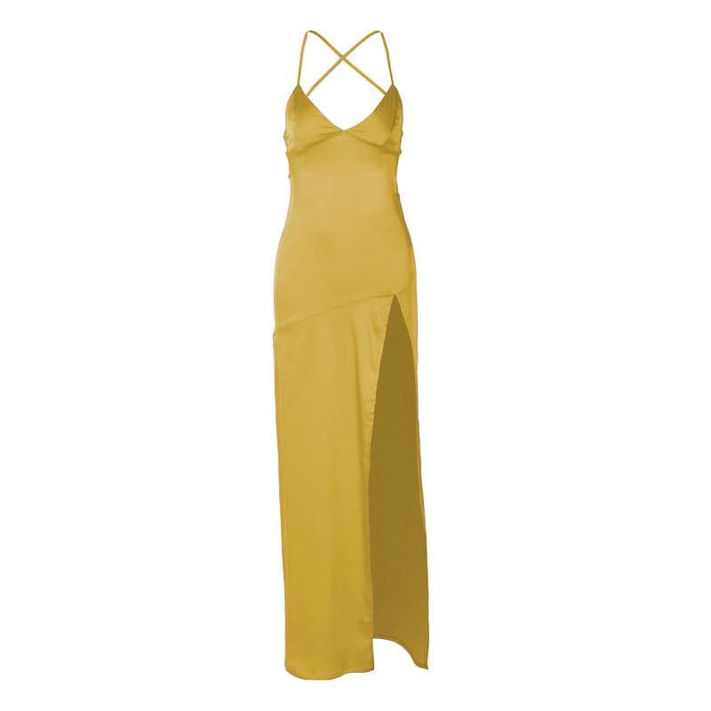 Satin Cross Back V Neck Spaghetti Strap High Slit Maxi Dress
