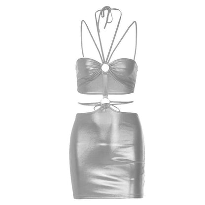 Halter O-Ring Strappy Midriff Cutout Open Front Bodycon Mini Dress