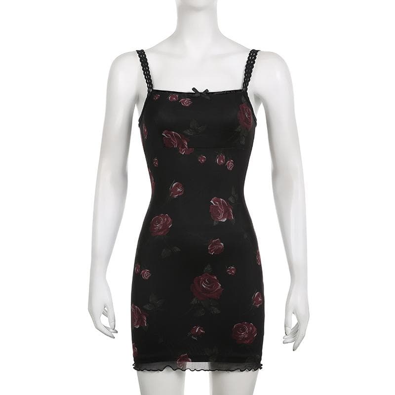 Square Lace Trim Neck Bow Large Floral Lettuce Hem Mini Dress