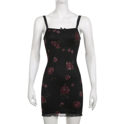 Square Lace Trim Neck Bow Large Floral Lettuce Hem Mini Dress