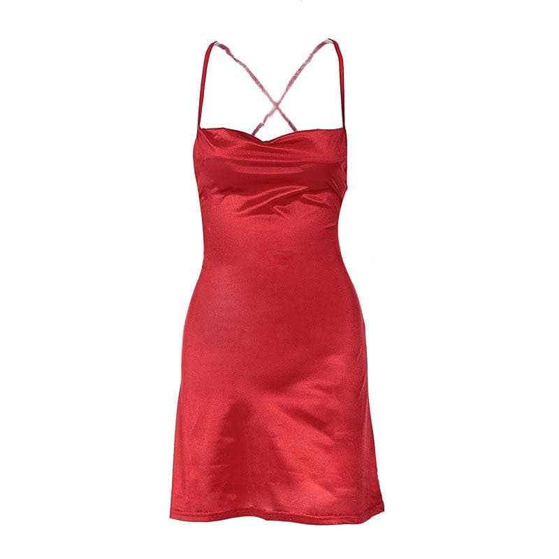 Satin Cowl Neck Cross Back Ruched Waist Bodycon Mini Dress