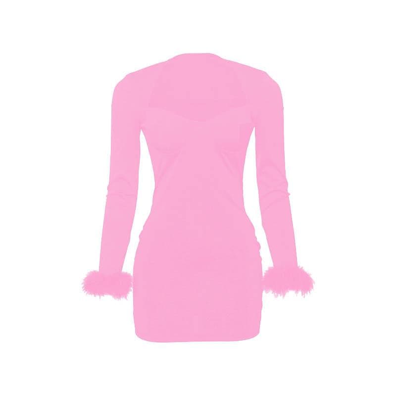 Sweetheart Bustier Feather Cuff Long Sleeve Mini Dress