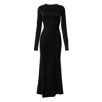 Crew Neck Long Sleeve Heather Knit Bodycon Maxi Dress