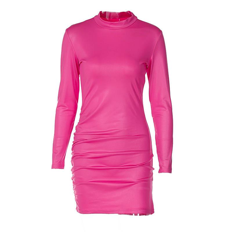 Mock Neck Long Sleeve Side Ruched Shiny Faux Leather Mini Dress