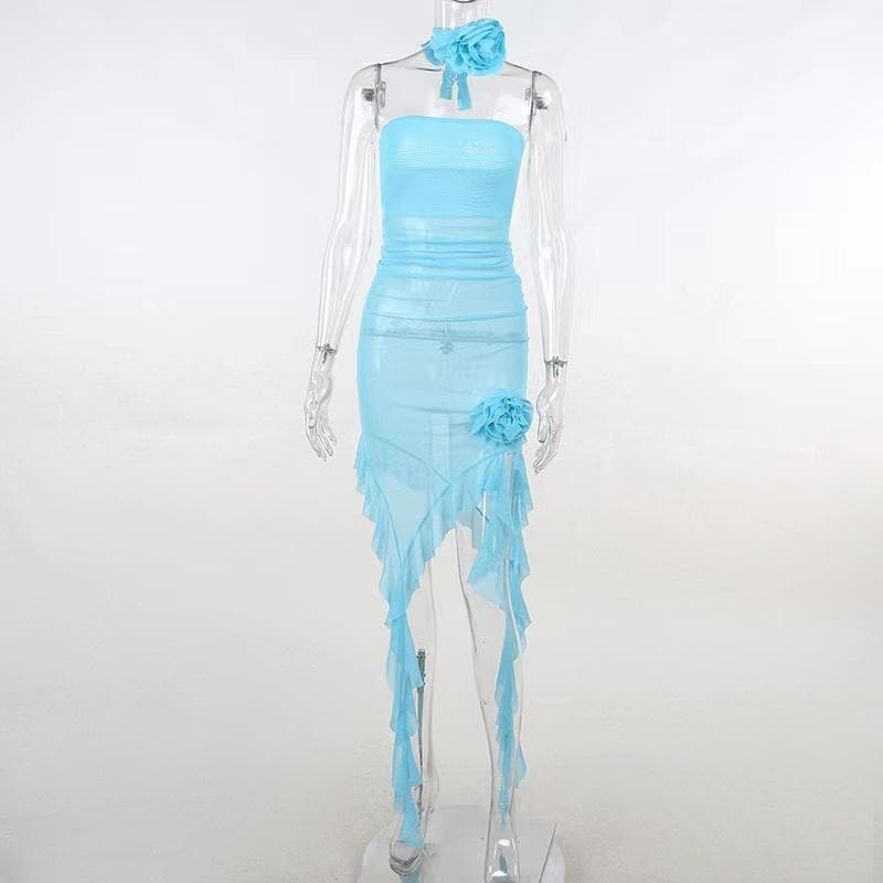 Strapless Sheer Mesh Flower Applique Ruffle Midi Dress