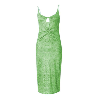 Deep V-Neck Keyhole Twist Front Marble Print Satin Maxi Dress