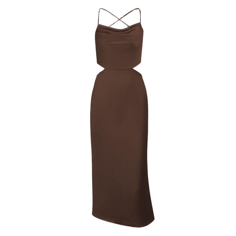 Cowl Neck Criss Cross Strap Side Cutout Satin Midi Dress