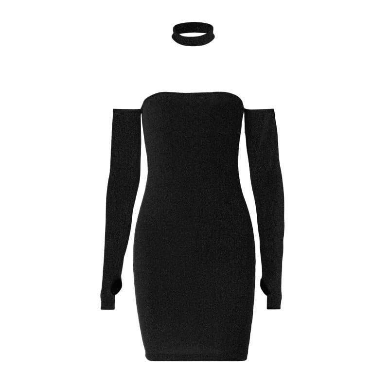 Strapless Glitter Tube Detached Sleeve Thumbhole Choker Mini Dress Set