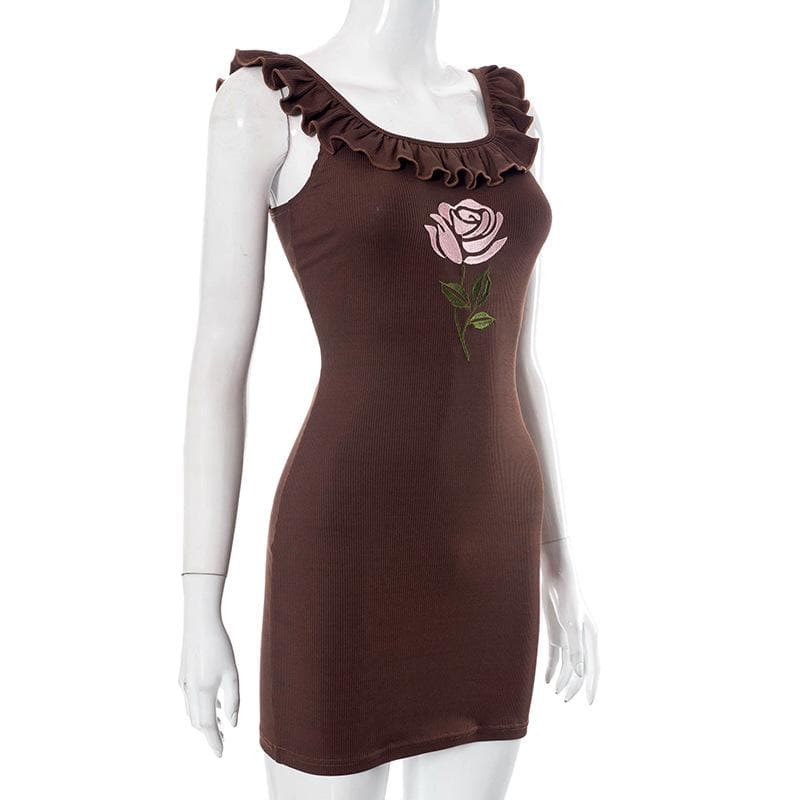 Ribbed Off Shoulder Floral Embroidery Ruffle Cap Sleeve Mini Dress