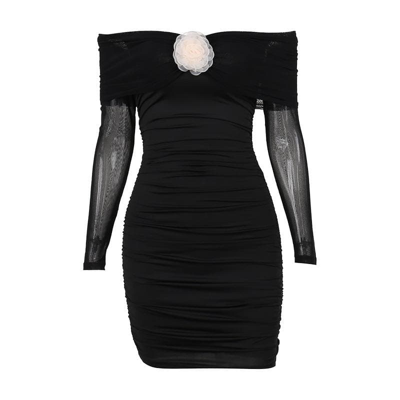Off-Shoulder Rosette Applique Mesh Sleeve Ruched Mini Dress