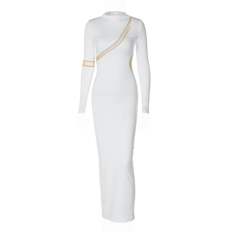 Mock Neck Long Sleeve Diagonal Mesh Panel Bodycon Maxi Dress