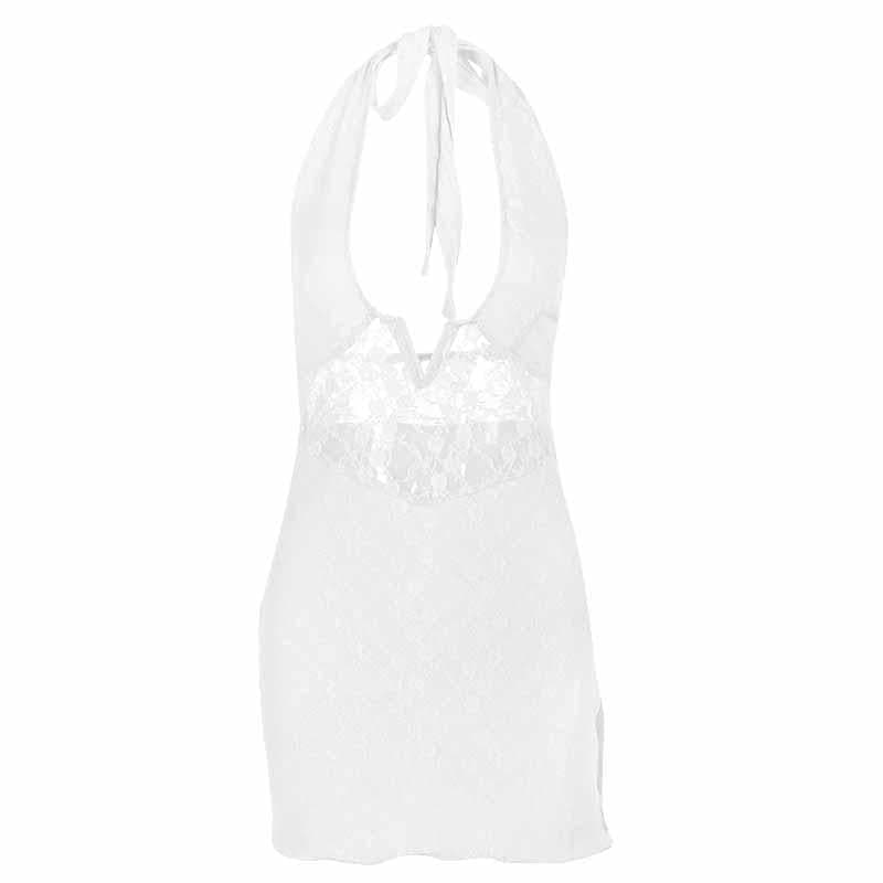 Halter Notch Neck Lace Side Slit Sheer Waist Bodycon Mini Dress