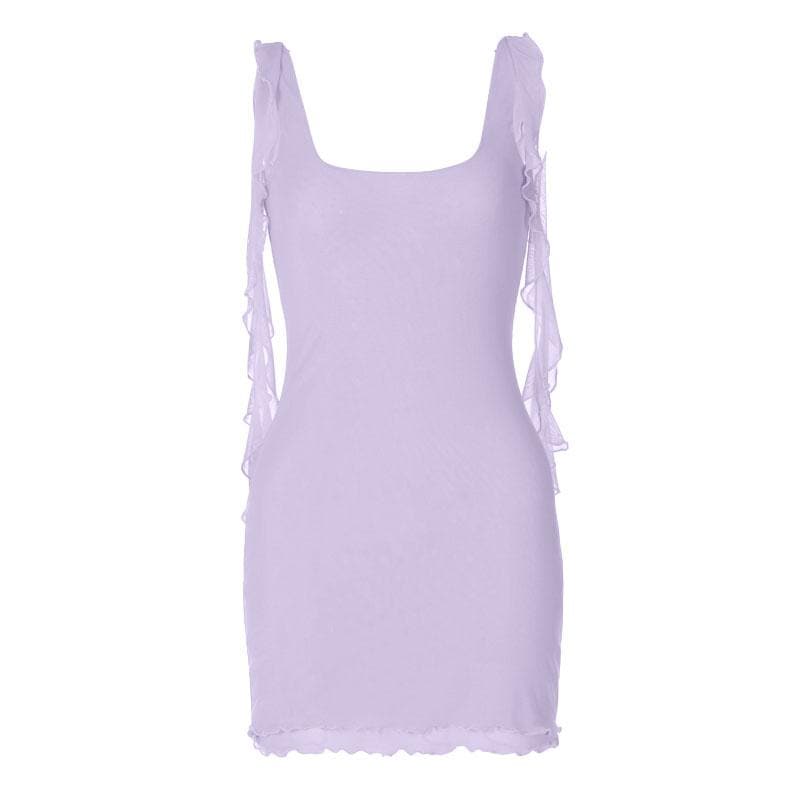 Square Neck Ruffled Strap Sheer Mesh Lettuce Hem Bodycon Mini Dress
