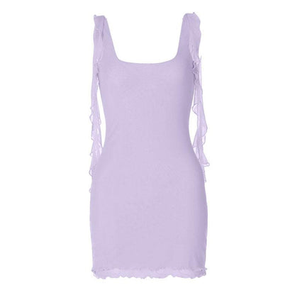Square Neck Ruffled Strap Sheer Mesh Lettuce Hem Bodycon Mini Dress