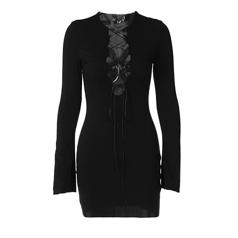 Round Neck Bell Sleeve Ribbed Lace Up Keyhole Chest Mini Dress
