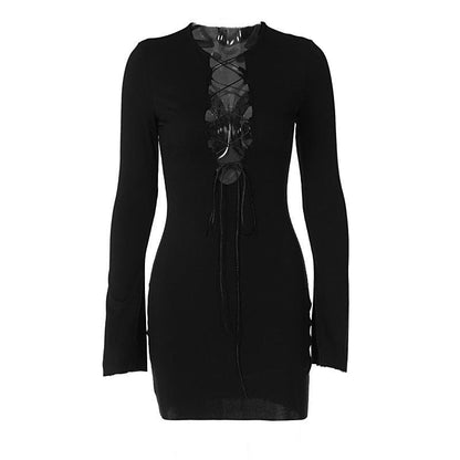 Round Neck Bell Sleeve Ribbed Lace Up Keyhole Chest Mini Dress
