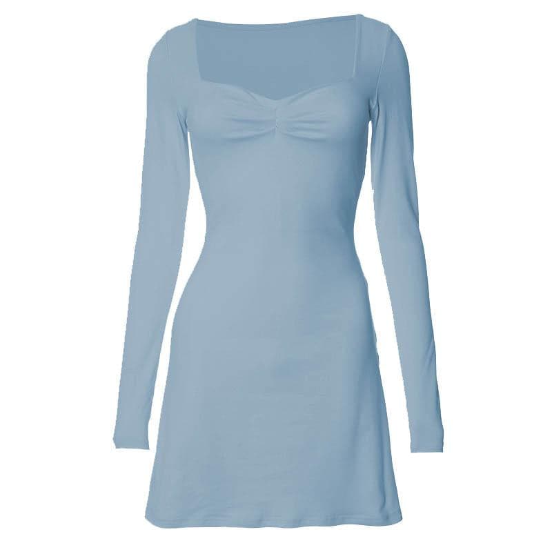 Square Neck Ruched Bust Long Sleeve Bodycon Mini Dress