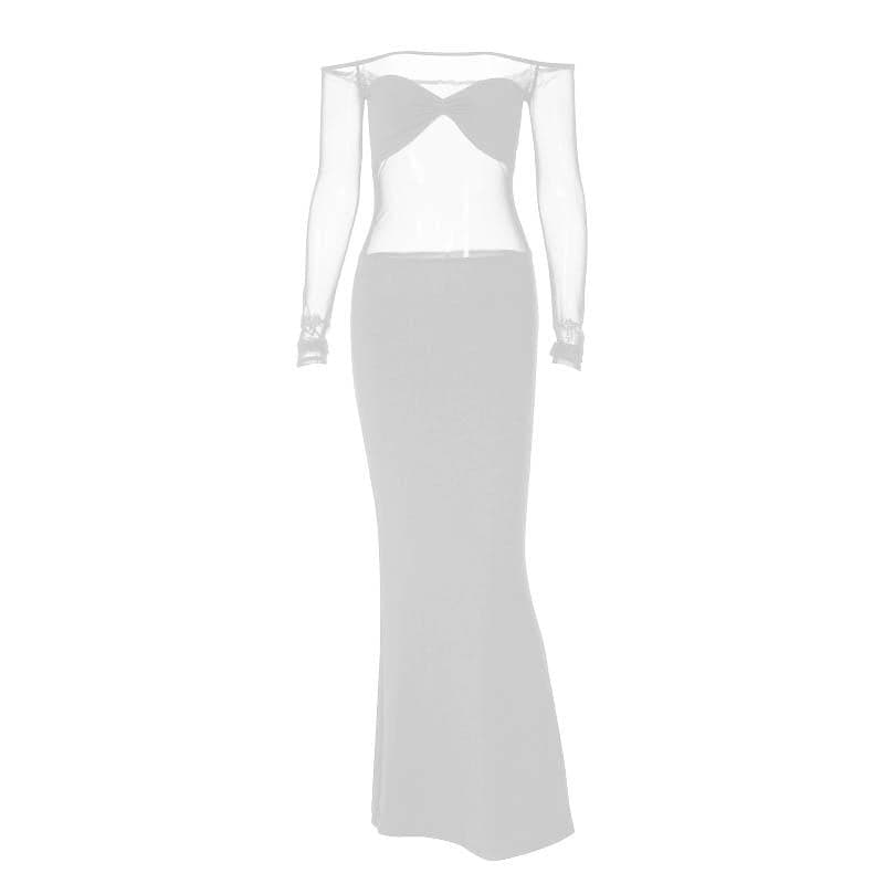 Off Shoulder Mesh Panel Ruched Slit Maxi Dress