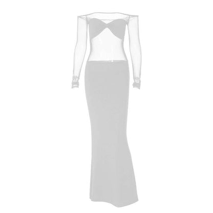 Off Shoulder Mesh Panel Ruched Slit Maxi Dress