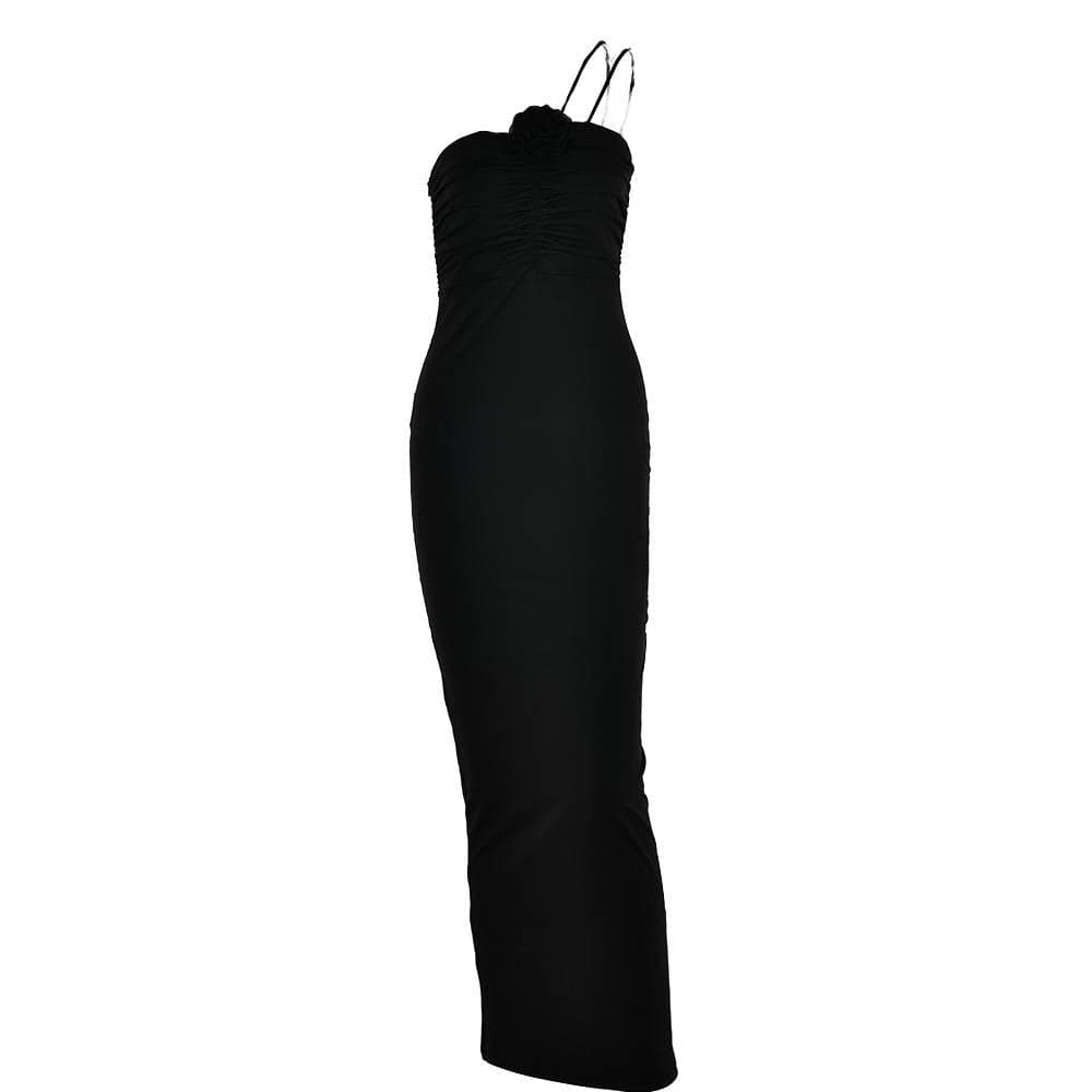One Shoulder Flower Applique Ruched Zip Maxi Dress