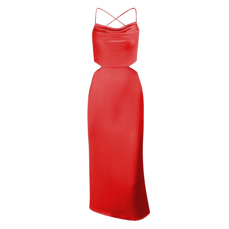 Cowl Neck Criss Cross Strap Side Cutout Satin Midi Dress