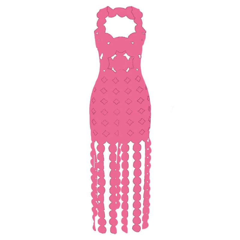 Scalloped Cutout Diamond Pattern High Slit Fringe Hem Sleeveless Maxi Dress