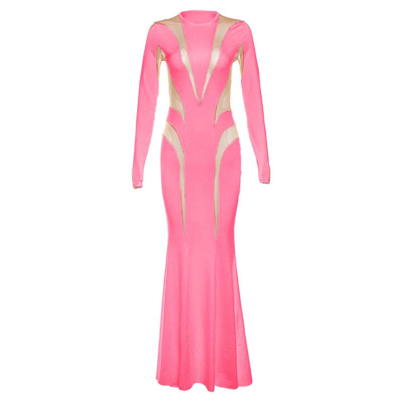 Mock Neck Long Sleeve Mesh Panel Patchwork Bodycon Maxi Dress