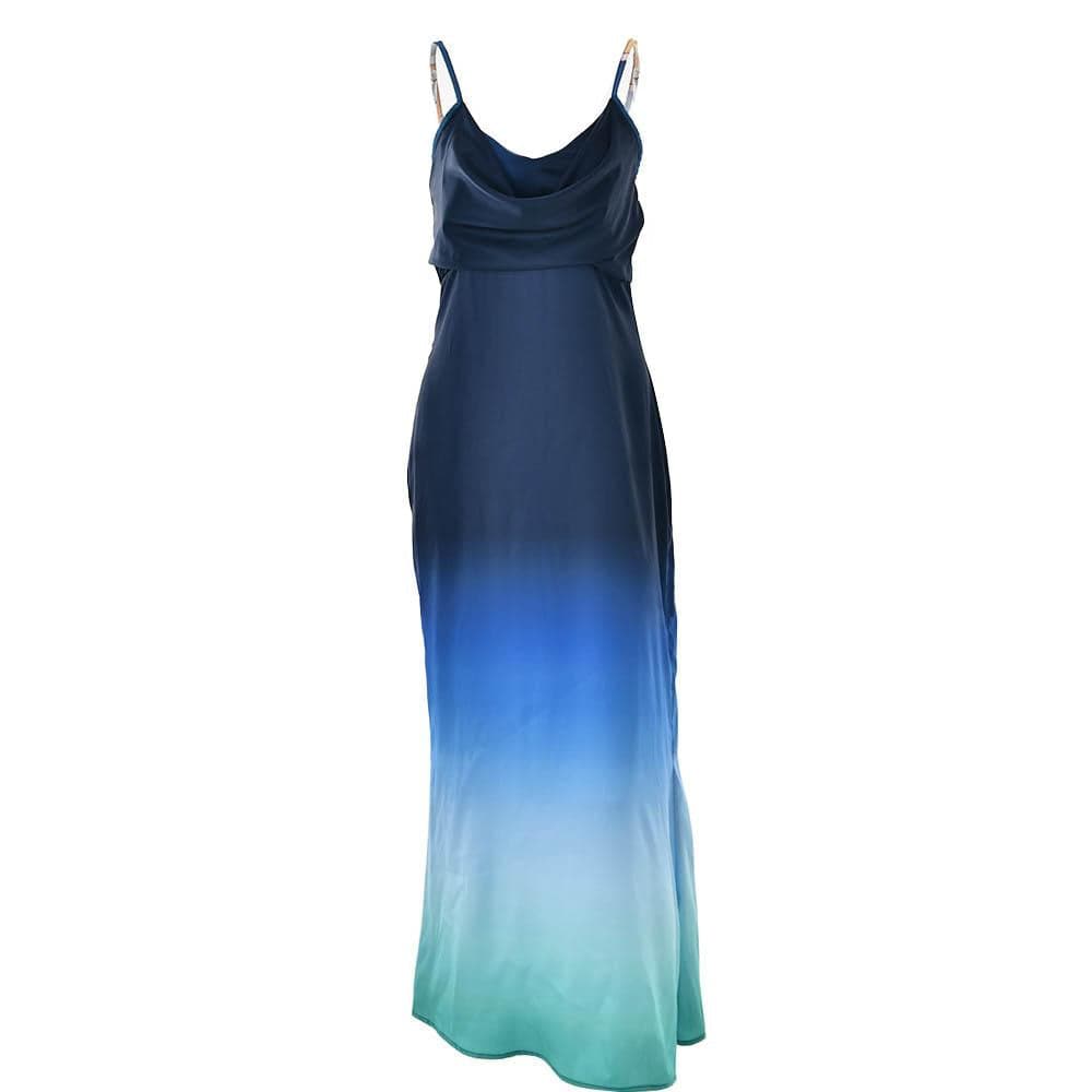 Satin Cowl Neck Spaghetti Strap Gradient Ombre Maxi Dress